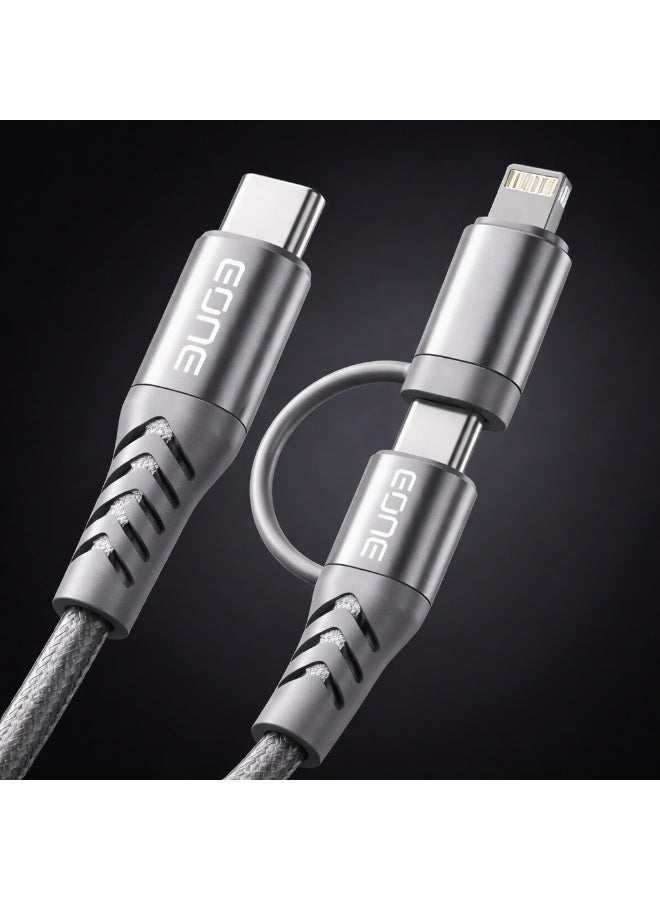 EONE 2-in-1 USB-C & Lightning Cable 1.2M 60W, PD Fast Charging Nylon Braided Cable for iPhone, iPad, AirPods & Type-C Devices – Gray - Image 3