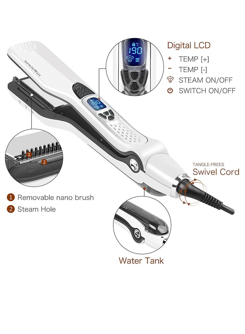 AROAQ Hair Straightener Flat Iron, Adjustable Temperature Electric Hair Straightening Brush, Nano Titanium Ceramic Steam Flat Iron, Digital LCD Hair Straightener For All Hair Types, (White) - Image 2