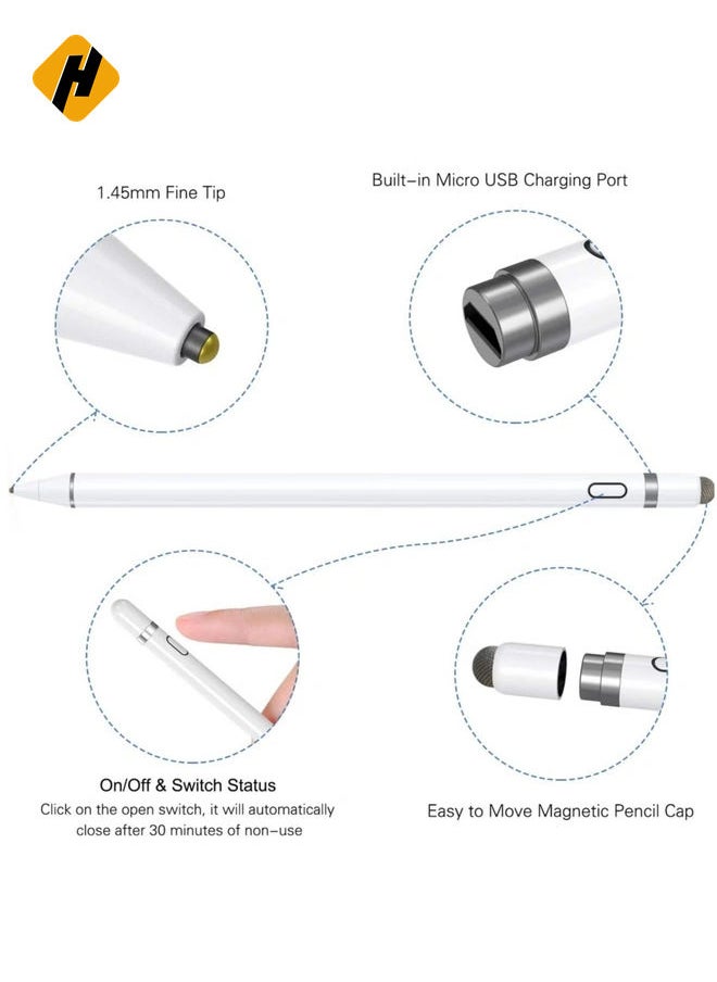 HuHa - Active Stylus Pen White/Black 1.45mm fine Tip for iPad Apple iPhone Samsung Tablets, on iOS and Android Capacitive Touchscreen, Take-Note Hand-Written Draw no lags Skipping,Rechargeable, - Image 1