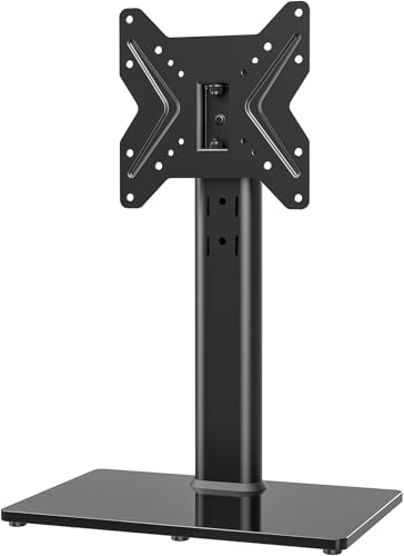 Hemudu Universal Swivel TV /Table Top TV Stand for 19 to 43 inch TVs with 90 Degree Swivel, 4 Level Height Adjustable, Heavy Duty Tempered Glass Base, Holds up to 99LBS HT02B-001 - Image 1