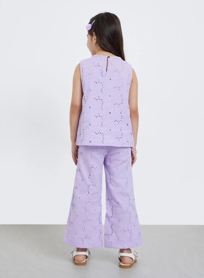 ستايلي Styli Girls Lilac Schiffli Sleeveless Top and Pants Set