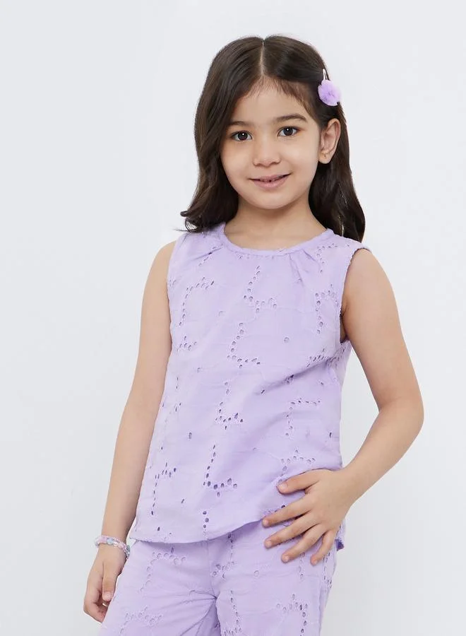 ستايلي Styli Girls Lilac Schiffli Sleeveless Top and Pants Set