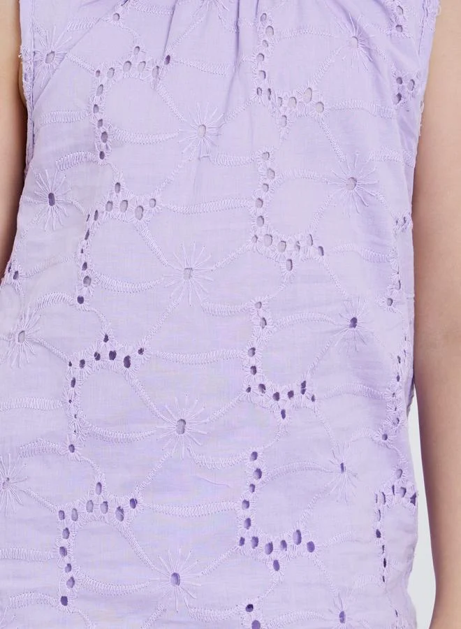 ستايلي Styli Girls Lilac Schiffli Sleeveless Top and Pants Set