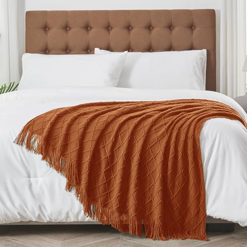 inhand Knitted Throw Blankets for Couch and Bed, Soft Cozy Knit Blanket with Tassel, Orange Rust Lightweight Decorative Blankets and Throws, Farmhouse Warm Woven Blanket for Men and Women, 50"x60" - Image 3