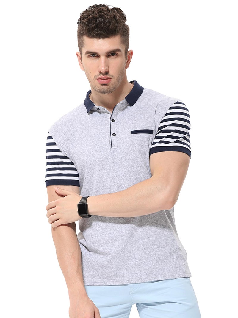fanideaz Mens Cotton Half Sleeve Striped Polo Collar Tshirts for Men || Tshirt for Men Branded || Cotton Tshirt for Mens_Grey_5004_XL - Image 1