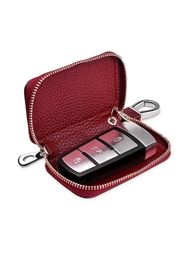 Buffway Car Key Chain Bag Genuine Leather Car Keychain Coin Holder Metal Hook And Keyring Wallet Zipper Case For Auto Remote Key Fob Cherry - Image 2