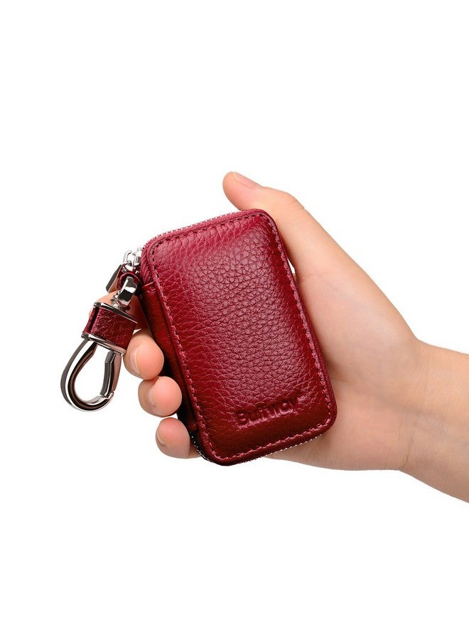 Buffway Car Key Chain Bag Genuine Leather Car Keychain Coin Holder Metal Hook And Keyring Wallet Zipper Case For Auto Remote Key Fob Cherry - Image 3