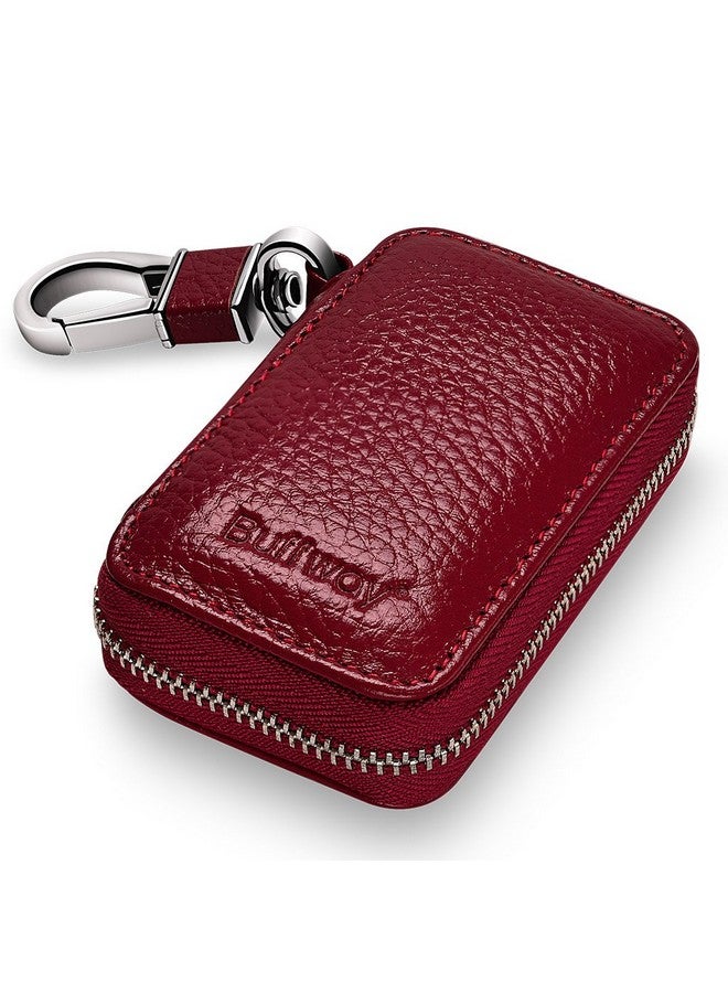 Buffway Car Key Chain Bag Genuine Leather Car Keychain Coin Holder Metal Hook And Keyring Wallet Zipper Case For Auto Remote Key Fob Cherry - Image 1