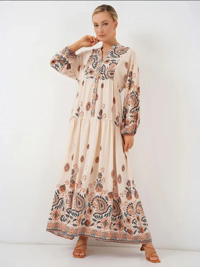 BIG DART BDART Patterned V-Neck Maxi Dress with Button Closure