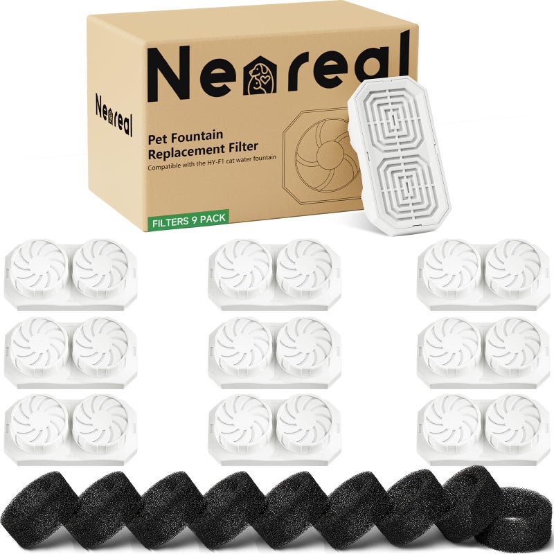 Neareal Official 9-Pack Replacement Filters and Pre-Filter Sponges for 108 oz / 3.2 L Stainless Steel Cat Water Fountain - Image 1
