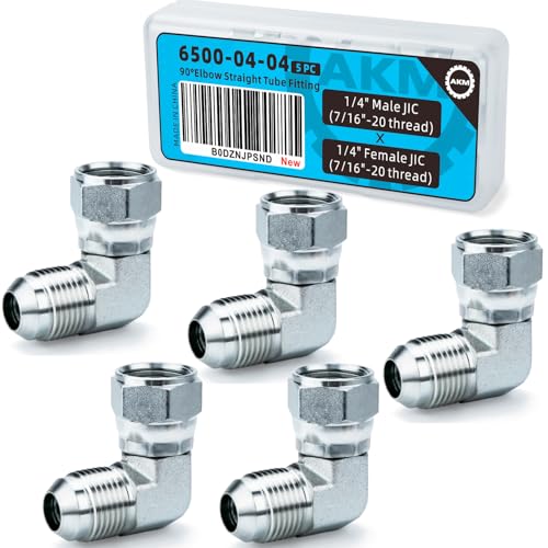 AKM 90 Elbow Straight Hydraulic Hose Adapter Fittings 65000404 14 Male JIC 37 Flare 71620 UNF x 14 Female JIC 37 Swivel Nut 71620 UNF SAE Pipe Joints Connectors x 5 pack - Image 1