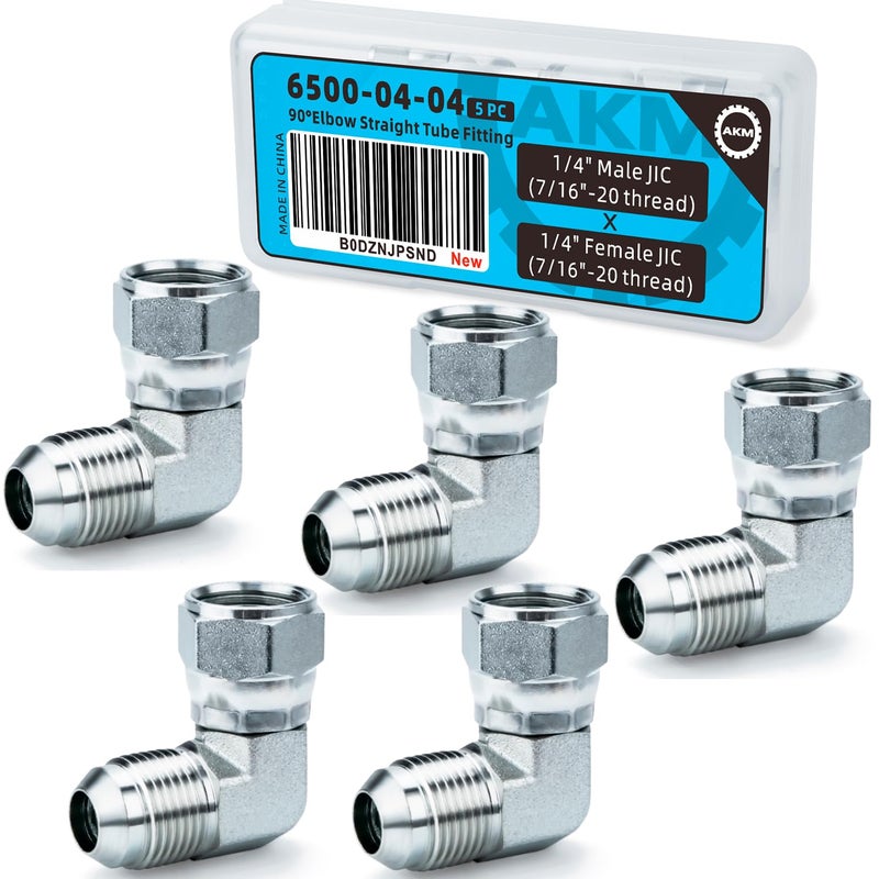 AKM 90 Elbow Straight Hydraulic Hose Adapter Fittings 65000404 14 Male JIC 37 Flare 71620 UNF x 14 Female JIC 37 Swivel Nut 71620 UNF SAE Pipe Joints Connectors x 5 pack - Image 2