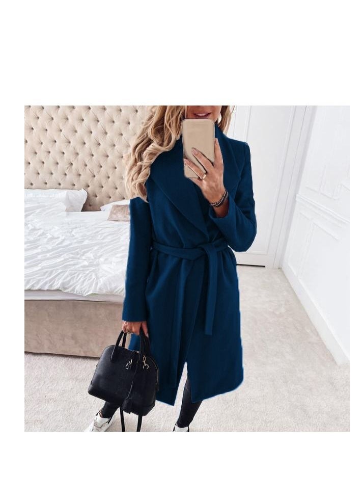 Loquat - Autumn And Winter New Fashion Lace-up Lapel Solid Color Wool Overcoat - Image 1