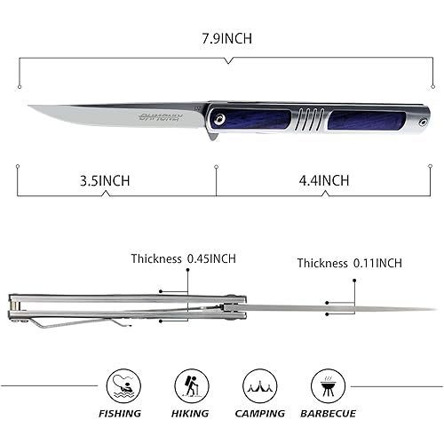 ohmonlyhoo Folding Knife, 3.5 inch Pocket Knife for Men with Pocket Clip, Bluewood Handle Folding Pocket Knife for Outdoor, Foldable Box and Letter Cutter, Blue - Image 2