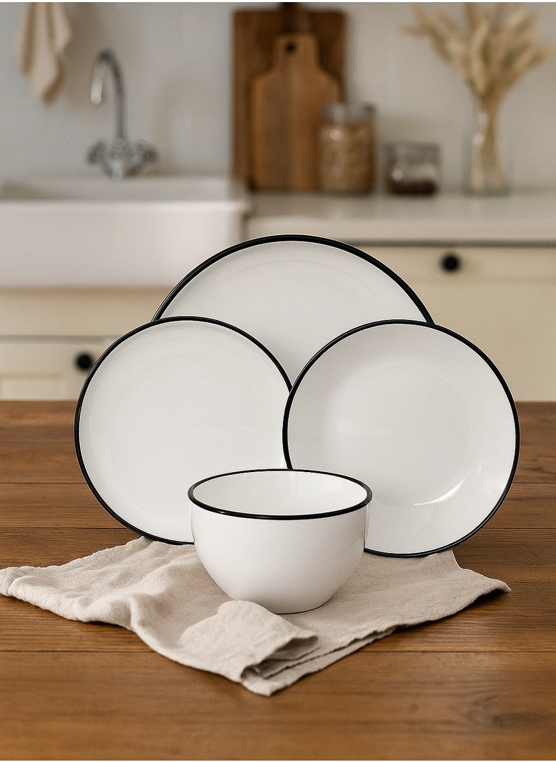 CERA 16-Piece Porcelain Dinner Set White/Black; 4Pcs Dinner Plates Size 10 Inch, 4Pcs Side Plates Size 8 Inch, 4Pcs Deep Plates Size 8 Inch, 4Pcs Bowls Size 5.5 Inch  - Image 1