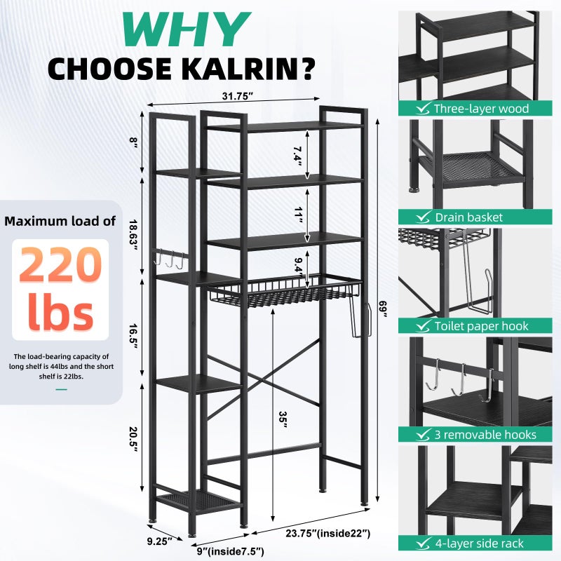 Kalrin 8-Tier Over The Toilet Storage with Side Rack, Over Toilet Storage Rack with Adjustable Shelf & Drain Basket, Freestanding Bathroom Organizer for Balcony, Laundry (Pure Black) - Image 3