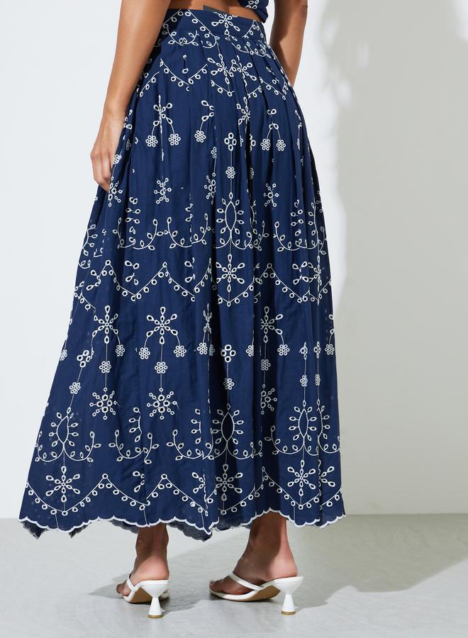 Styli Navy Blue Schiffli Details A-Line Maxi Skirt - Image 4