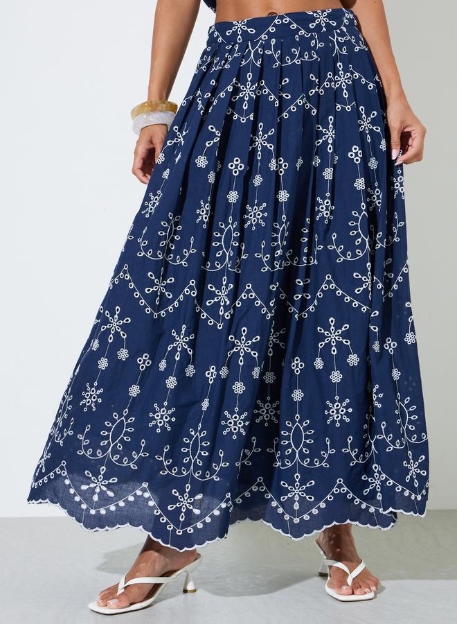 Styli Navy Blue Schiffli Details A-Line Maxi Skirt - Image 1