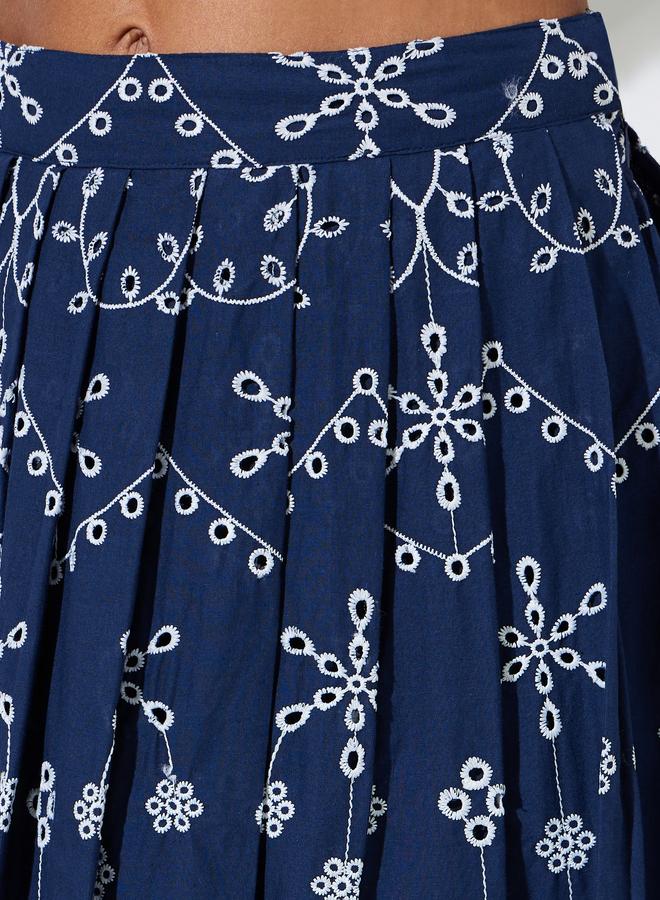 Styli Navy Blue Schiffli Details A-Line Maxi Skirt - Image 3