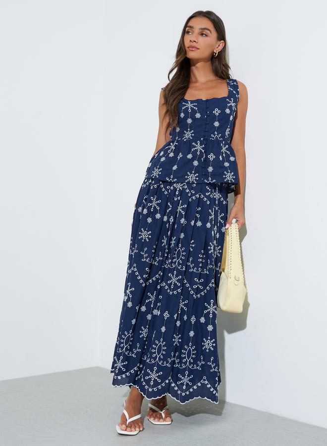 Styli Navy Blue Schiffli Details A-Line Maxi Skirt - Image 2