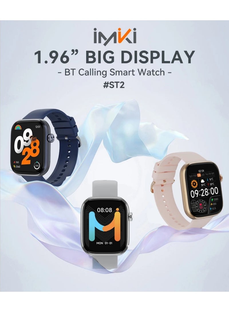 Imiki ST2 Smartwatch – 1.96" Full Touch Display, Voice Assistant, 100+ Watch Faces, Bluetooth Calling, IP68 Waterproof Fitness Tracker – Blue + Blue Strap  - Image 2