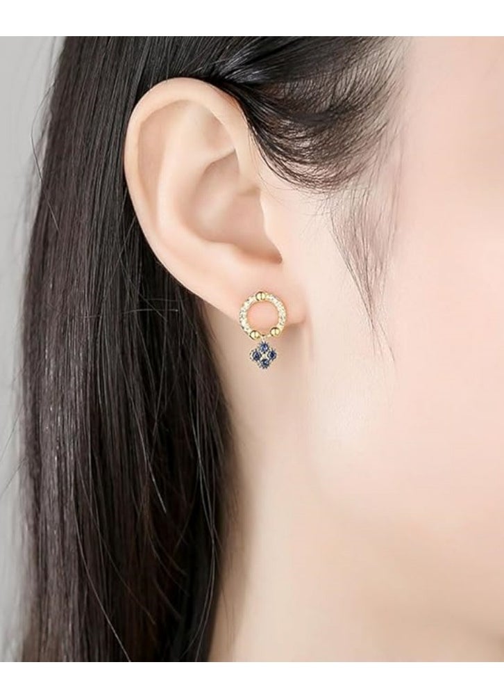 Mike Music - Golden-Toned 925 Sterling Silver Hoop Earrings with Blue Crystal Flower Charms - Image 1