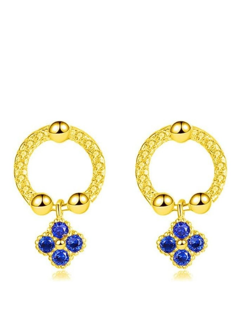 Mike Music - Golden-Toned 925 Sterling Silver Hoop Earrings with Blue Crystal Flower Charms - Image 1