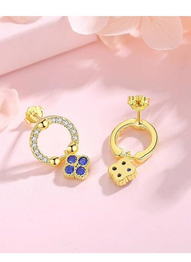Mike Music - Golden-Toned 925 Sterling Silver Hoop Earrings with Blue Crystal Flower Charms - Image 1