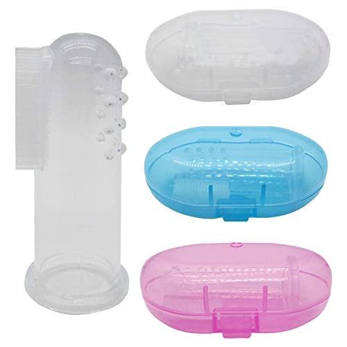 Gadgetime USA Baby Finger Toothbrush (Set of 3) - Silicone Baby Toothbrush with 3 Cases in Blue, Pink & Clear- Toddler Training Toothbrush - Newborn Oral Massager - Easy Oral Hygiene for Kids & Pets - Image 1