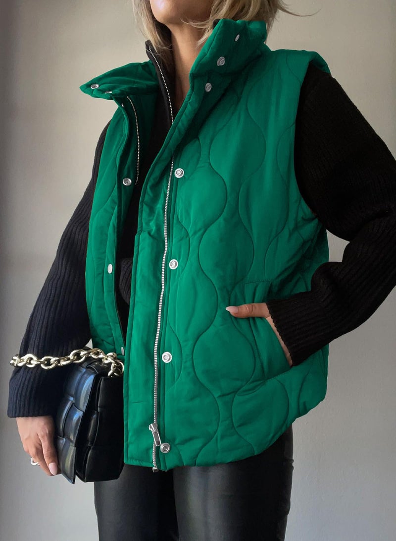 EVALESS Sleeveless Jackets for Women Casual Fall Winter 2025 Lightweight Stand Collar Cropped Puffer Vest Button Zip Up Quilted Jacket Warm Coat Outerwear Outfits with Pockets Green Small - Image 3