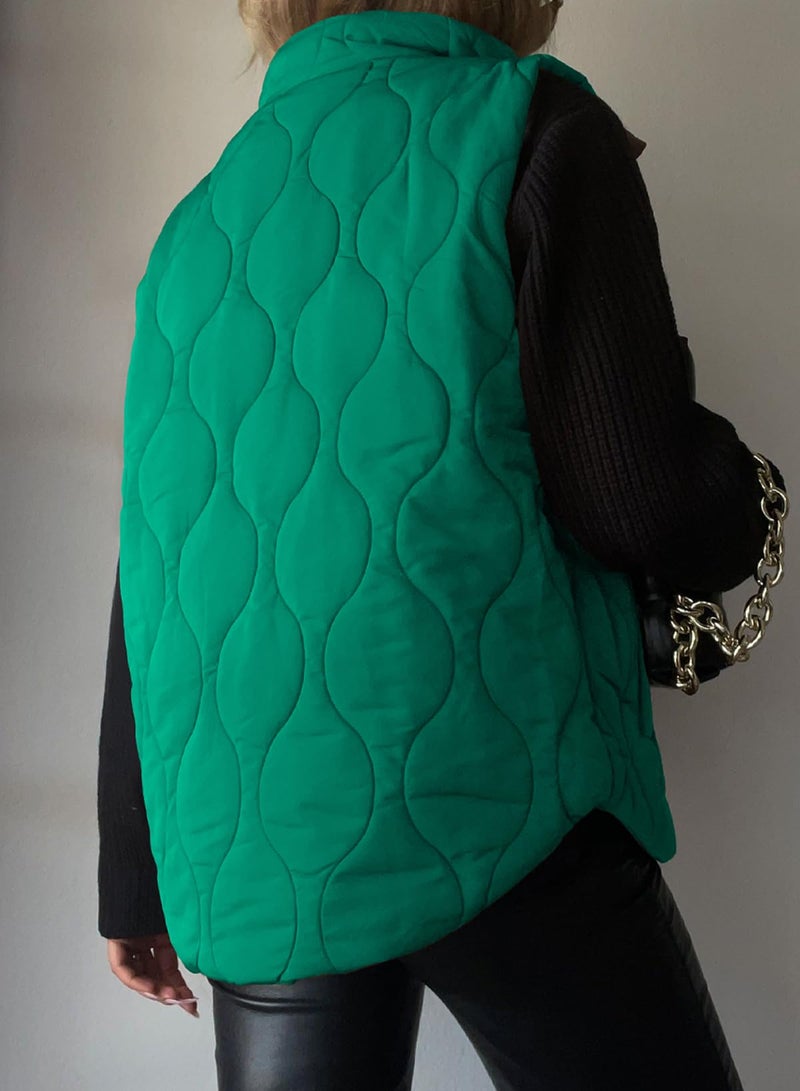 EVALESS Sleeveless Jackets for Women Casual Fall Winter 2025 Lightweight Stand Collar Cropped Puffer Vest Button Zip Up Quilted Jacket Warm Coat Outerwear Outfits with Pockets Green Small - Image 4