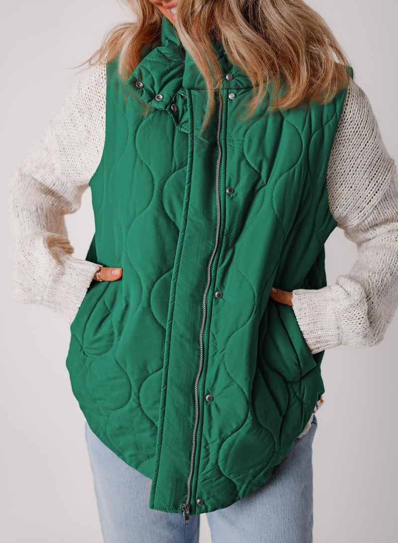 EVALESS Sleeveless Jackets for Women Casual Fall Winter 2025 Lightweight Stand Collar Cropped Puffer Vest Button Zip Up Quilted Jacket Warm Coat Outerwear Outfits with Pockets Green Small - Image 5