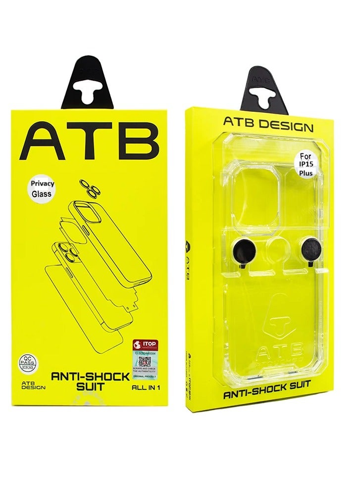 اي تي بي طقم حماية شامل 6 في 1 ايفون 15 بلس تركيب سهل فائق الدقة مع واقي شاشة بخصوصية بصرية يمنحك خصوصية عالية أثناء الاستخدام بزاوية رؤية محدودة، إلى جانب حماية شاملة. يشمل واقي شاشة بخصوصية، كفر شفاف، حماية للكاميرا، لزقات حماية لفتحات السماعة من الغبار، لزقة ظهر، وإطار مغناطيسي. - Image 1