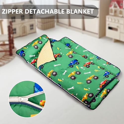 Primlect Toddler Nap Mat Extra Large Thickened 55''x35'', Soft Sleeping Bag with Detachable Minky Blanket and Pillow, Portable for Daycare, Preschool, Kindergarten, Travel, Boys and Girls (Truck) - Image 2