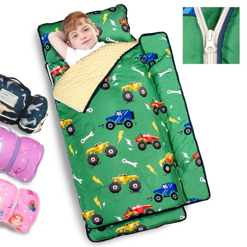 Primlect Toddler Nap Mat Extra Large Thickened 55''x35'', Soft Sleeping Bag with Detachable Minky Blanket and Pillow, Portable for Daycare, Preschool, Kindergarten, Travel, Boys and Girls (Truck) - Image 1