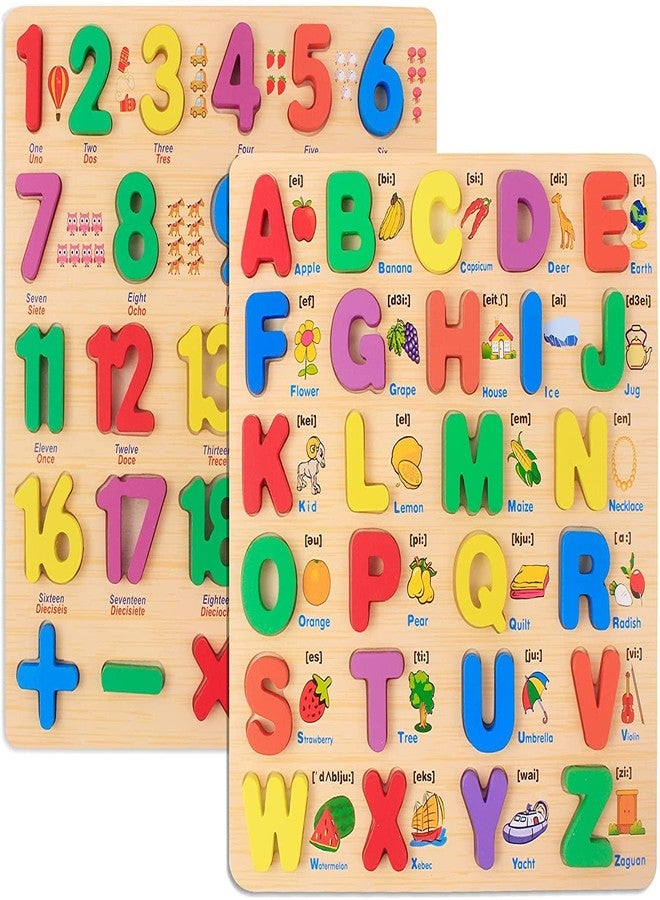 AUTHFORT Toddler Wooden Jigsaw Puzzle 2 in 1 Number Shaped ABC Capital Alphabet Wooden Jigsaw Puzzle Set for Combo Pack of 2 - Image 1
