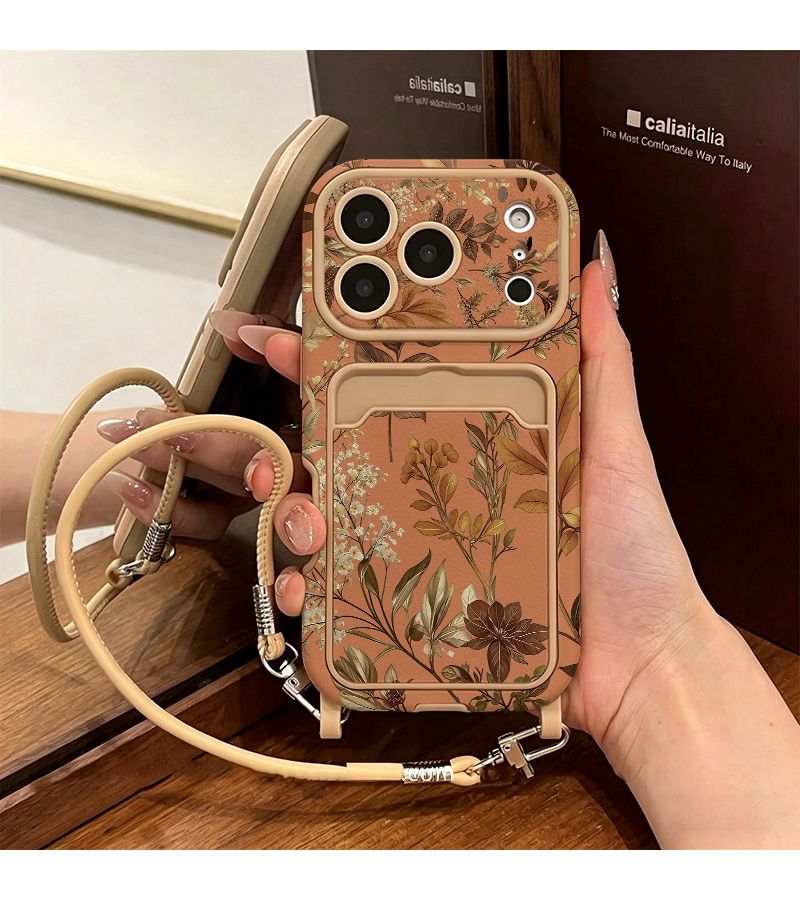 غطاء هاتف بني رجعي مطبوع بأوراق القيقب مع حامل بطاقات وحبل وحماية كاملة للعدسة لهاتف iPhone 16 بلس - مقاوم للسقوط وبصمات الأصابع - غطاء واقي بألوان متنوعة، قطعة واحدة - Image 1