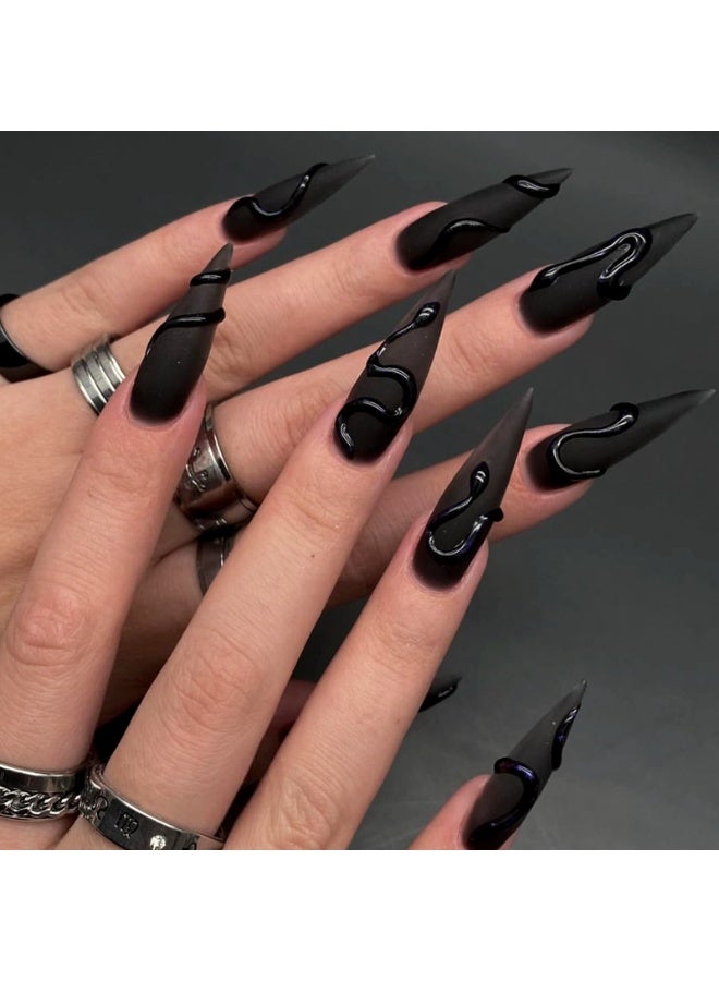 Orange Life Luxury Black Press-On Nails Set (10pcs) – Press-on nails reveal black elegance with matte finish and refined shape. Black nails combine mystery and strength for bold feminine style. Fake nails fit securely and feel lightweight for comfortable daily wear. Reusable nails maintain deep color and perfect form after multiple uses. Stiletto nails highlight confidence through sharp lines and flawless curvature. Nail art reflects luxury fashion for modern women embracing minimalist glamour. Press-on nails enhance hands with precision, attitude, and timeless style. - Image 1