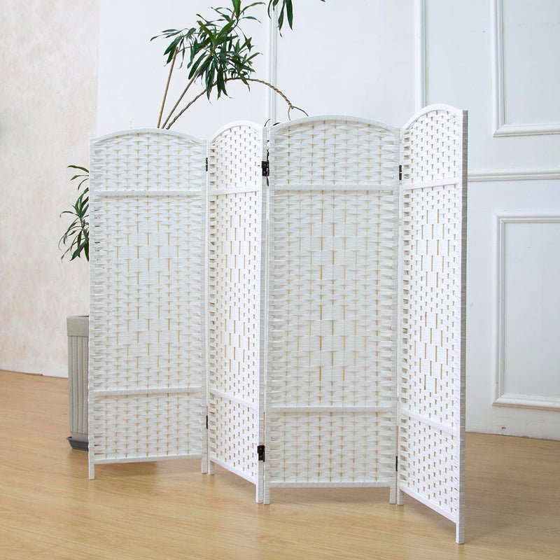 Furnnylane 4 Panel Rattan Divider Short Room Partition Screen,Double Sided Folding Divider for Room Separation,White,47.2" H x 63" W - Image 1