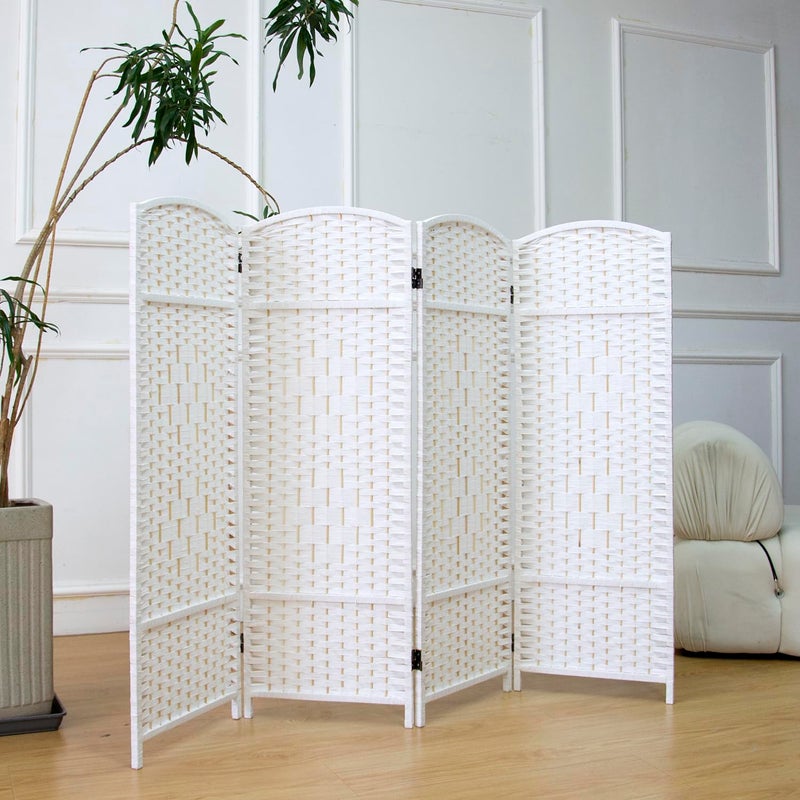 Furnnylane 4 Panel Rattan Divider Short Room Partition Screen,Double Sided Folding Divider for Room Separation,White,47.2" H x 63" W - Image 3