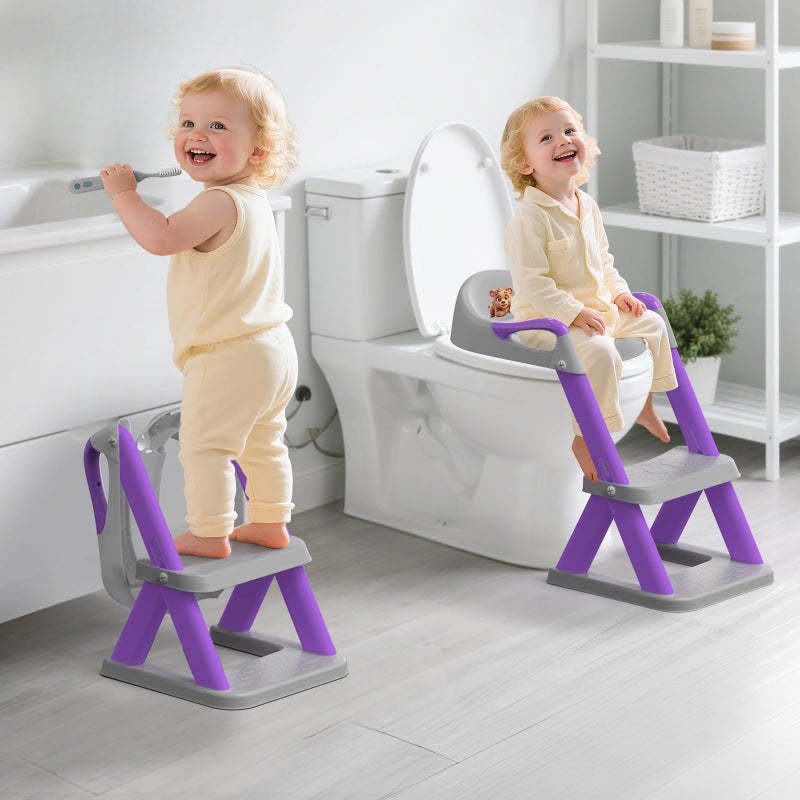 SKYROKU SKYROKU 8868 Potty Training Seat with Step Stool Adjustable Height NonSlip SplashProof Foldable 2in1 Toddler Potty Seat with Armrests and Replaceable Cushion Fits Most Toilets Purple 