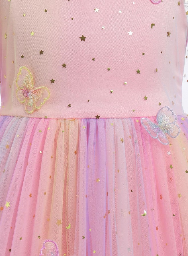 ODOLDI Kids Girls Birthday Party Long Sleeve Star Glitters Tulle Tutu Dress 3D Butterfly Star Sequins Ruffle Dress, Pink Star Gradient, 5-6 Years - Image 3