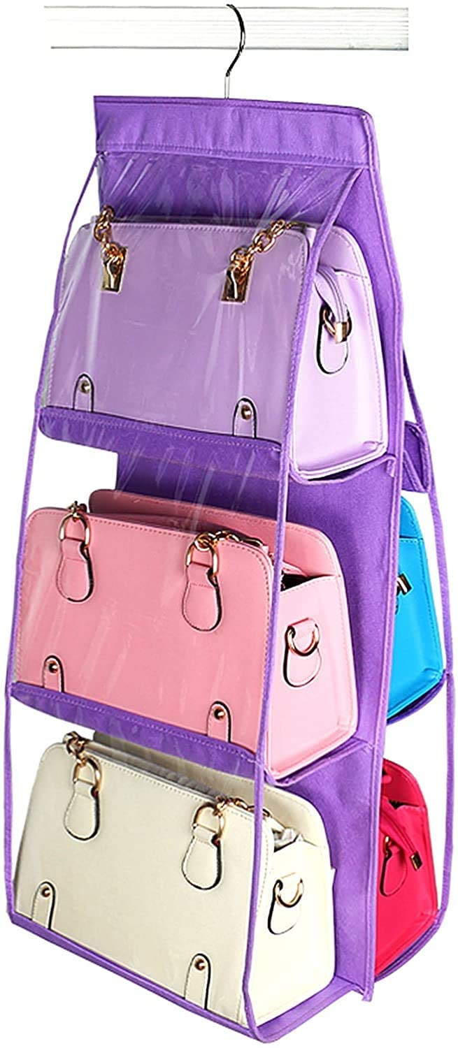 EMORSKY EMORSKY 6 Pocket Large Clear Purse Handbag Hanging Storage Bag Organizer Closet Tidy Closet Organizer Wardrobe Rack Hangers Holder for Fashion Handbag Purse Pouch GlossyMetal  - Image 2