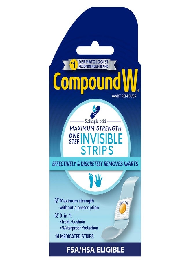 Compound W Maximum Strength One Step Invisible Wart Remover Strips with Salicylic Acid, Waterproof, Discreet Wart Removal Bandages for Common and Plantar Warts, 14 Count - Image 1