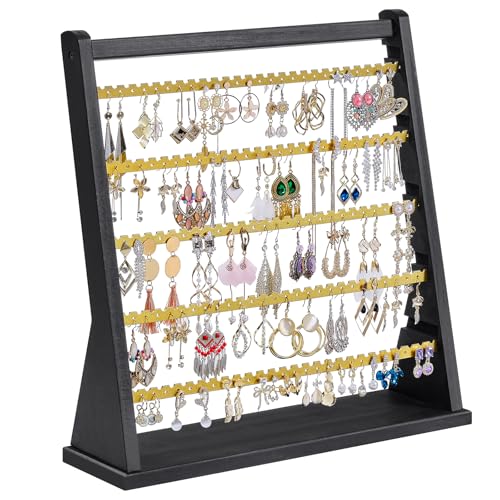 Poyilooo Earring Organizer Stand, Rustic Wood Earring Holder Rack, 5 Layer Jewelry Holder Organizer with 270 Earring Tree Holes Display for Stud Earings & Hoop Earrings, Gifts for Women (Black&gold) - Image 1