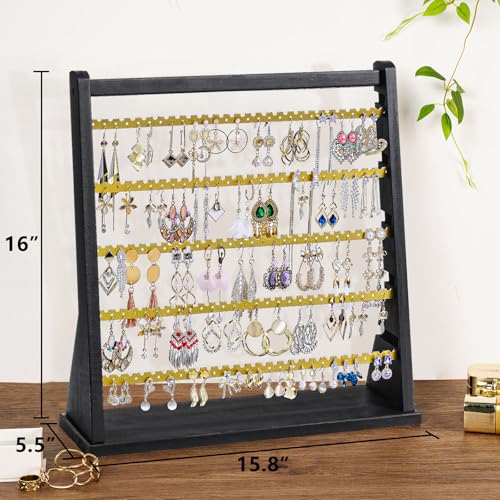 Poyilooo Earring Organizer Stand, Rustic Wood Earring Holder Rack, 5 Layer Jewelry Holder Organizer with 270 Earring Tree Holes Display for Stud Earings & Hoop Earrings, Gifts for Women (Black&gold) - Image 4