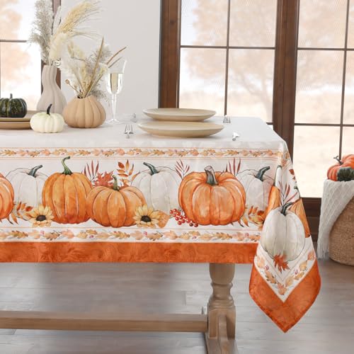 Softalker Fall Jacquard Rectangle Tablecloth, Thanksgiving Pumpkins Waterproof Table Cloth, Autumn Harvest Washable Table Cover for Holiday, Dining, Party Decor, 60 x 84 Inch - Image 1