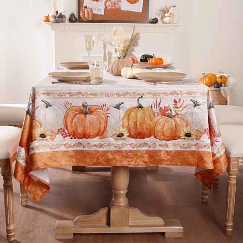 Softalker Fall Jacquard Rectangle Tablecloth, Thanksgiving Pumpkins Waterproof Table Cloth, Autumn Harvest Washable Table Cover for Holiday, Dining, Party Decor, 60 x 84 Inch - Image 5