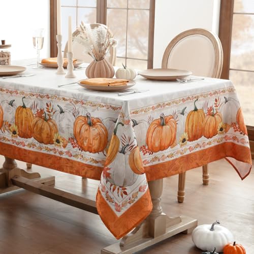 Softalker Fall Jacquard Rectangle Tablecloth, Thanksgiving Pumpkins Waterproof Table Cloth, Autumn Harvest Washable Table Cover for Holiday, Dining, Party Decor, 60 x 84 Inch - Image 2