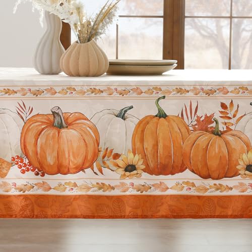 Softalker Fall Jacquard Rectangle Tablecloth, Thanksgiving Pumpkins Waterproof Table Cloth, Autumn Harvest Washable Table Cover for Holiday, Dining, Party Decor, 60 x 84 Inch - Image 3
